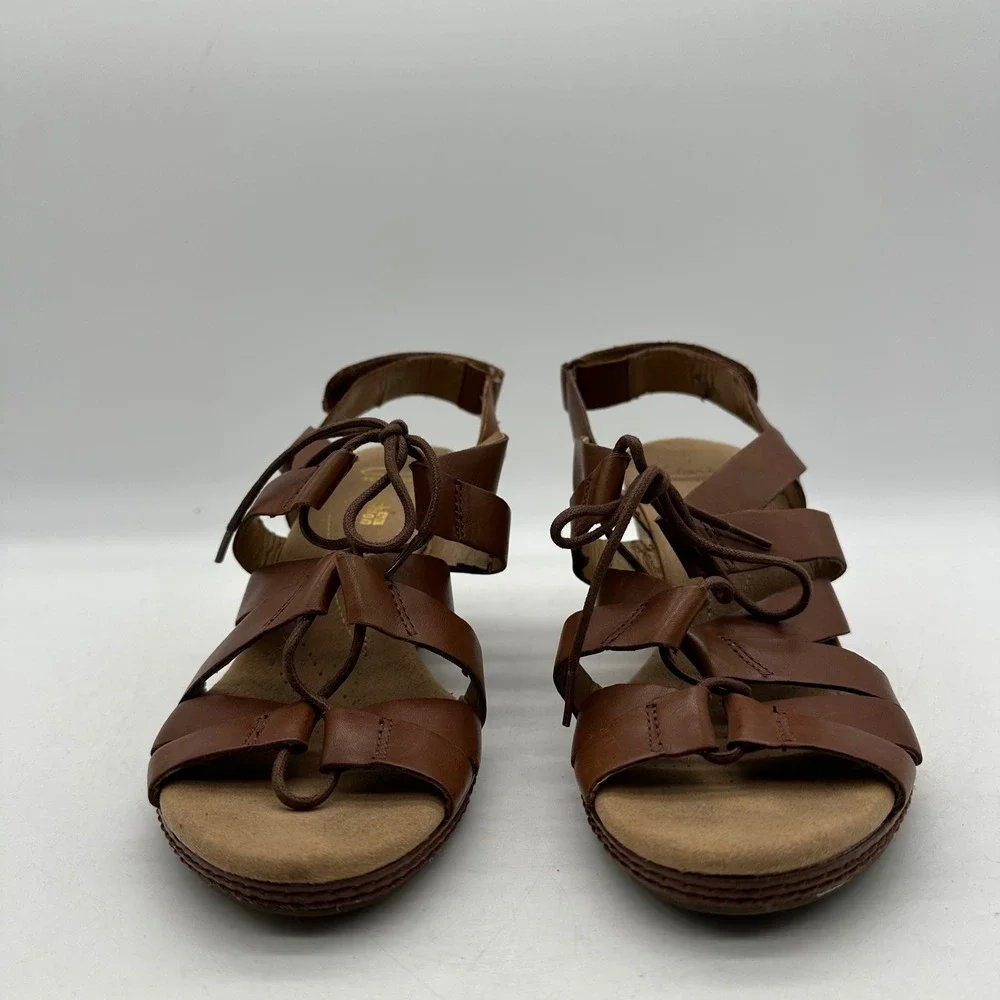 Clarks 261247694065 Womens Size 9 Helio Mindin Brown Leather Cork Wedge Sandals